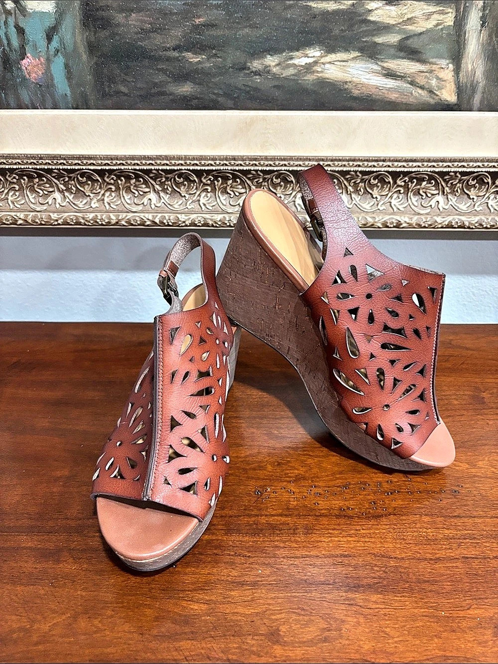 Nine West Women's Laser-Cut Wedge Sandals in Brown Leather Size 9.5